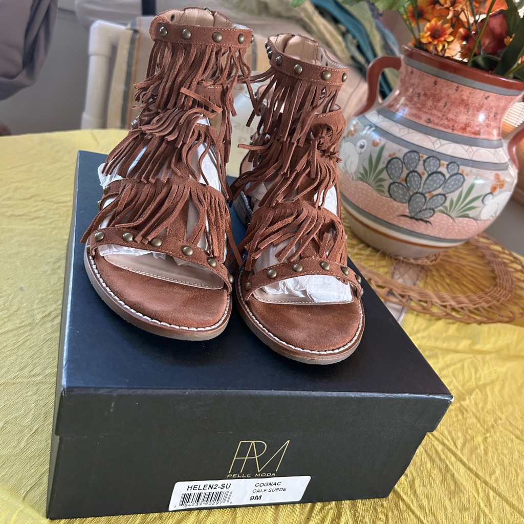 Brand New Pelle Moda Cognac Calf Suede Womens Sandals